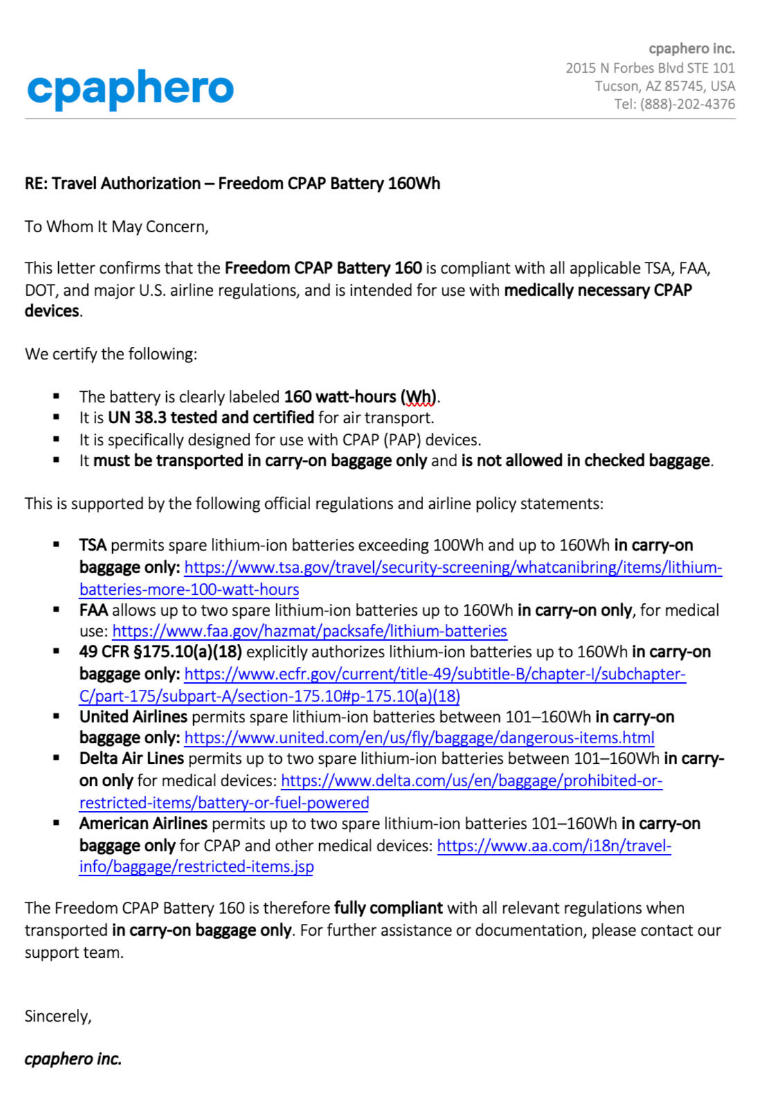 Travel Letter for cpaphero freedom CPAP battery 160